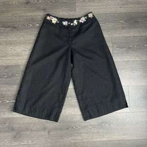Peter‎ Martin 100% Linen Cropped Wide Leg Pants Sz 8 Black Embroidered 90s Boho